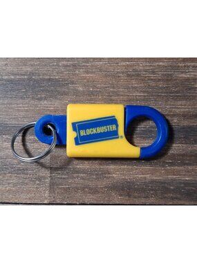 Vintage Blockbuster Bag Tag Charm Blue Yellow Plastic Key Ring Video Store